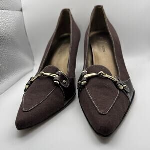 Anne Klein brown heels fabric upper leather & gold accents pointed toe 7 1/2 M